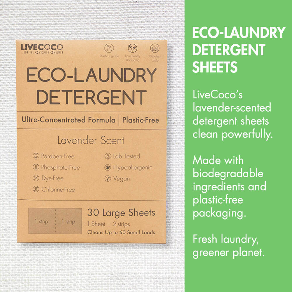 Eco-Laundry Detergent Sheets (60 Loads) packaging displaying lavender scent and eco-friendly features.