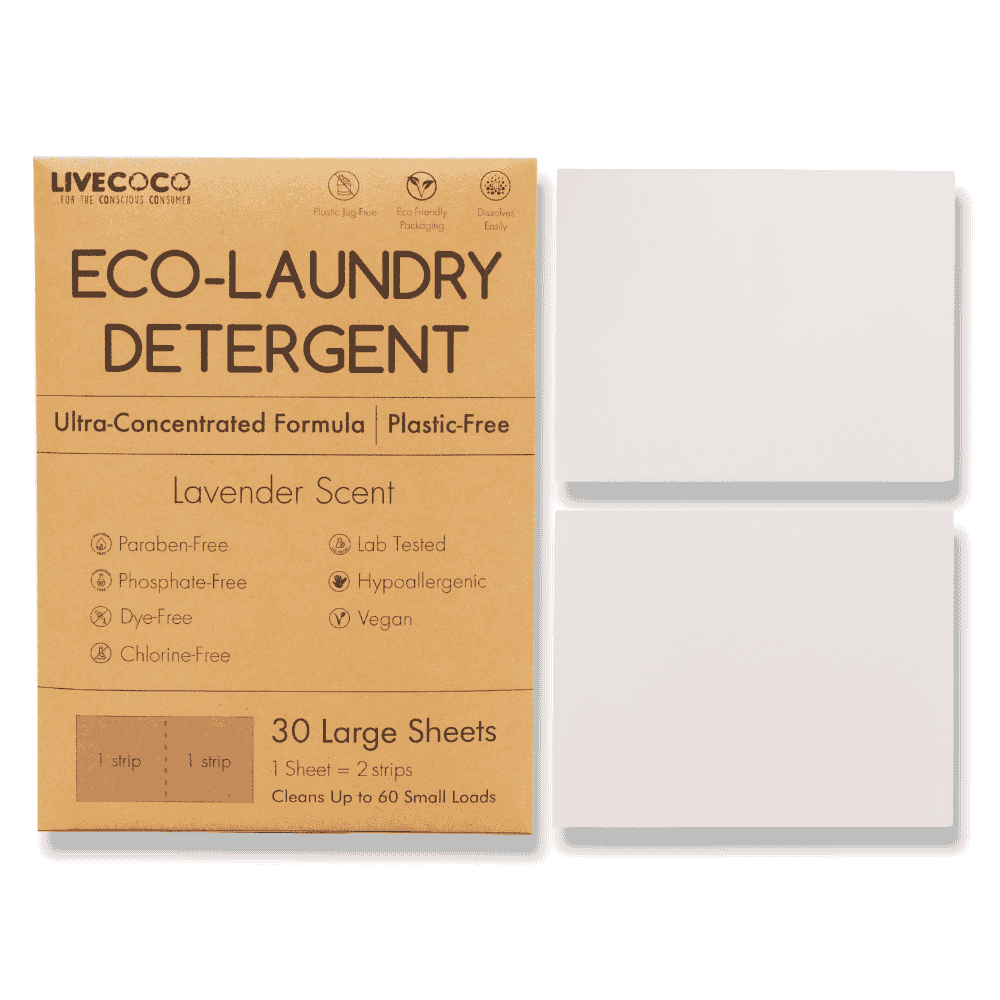 Eco-Laundry Detergent Sheets (60 Loads) packaging featuring lavender scent and plastic-free materials.