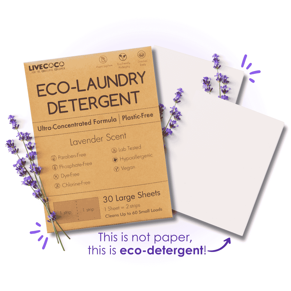 Eco-Laundry Detergent Sheets (60 Loads) packaging with lavender scent and eco-friendly features.