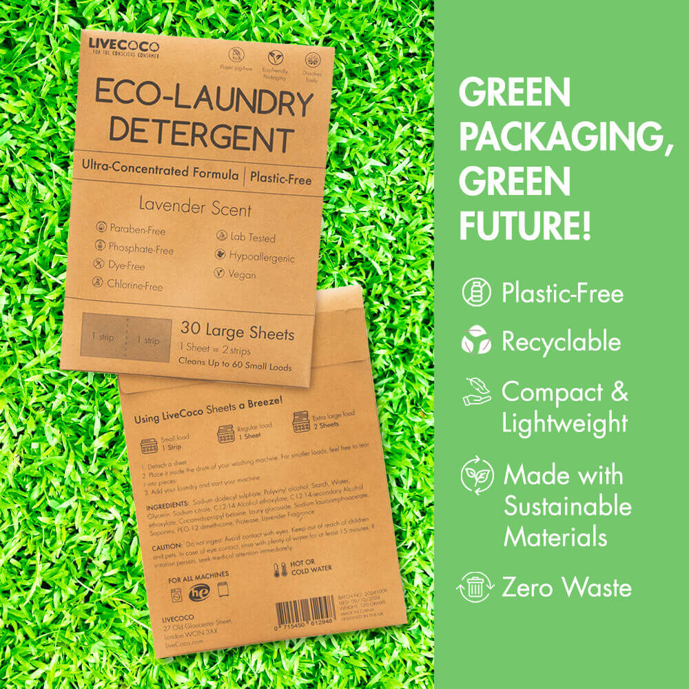 Eco-Laundry Detergent Sheets (60 Loads) packaging on grass with plastic-free, recyclable, and eco-friendly features.