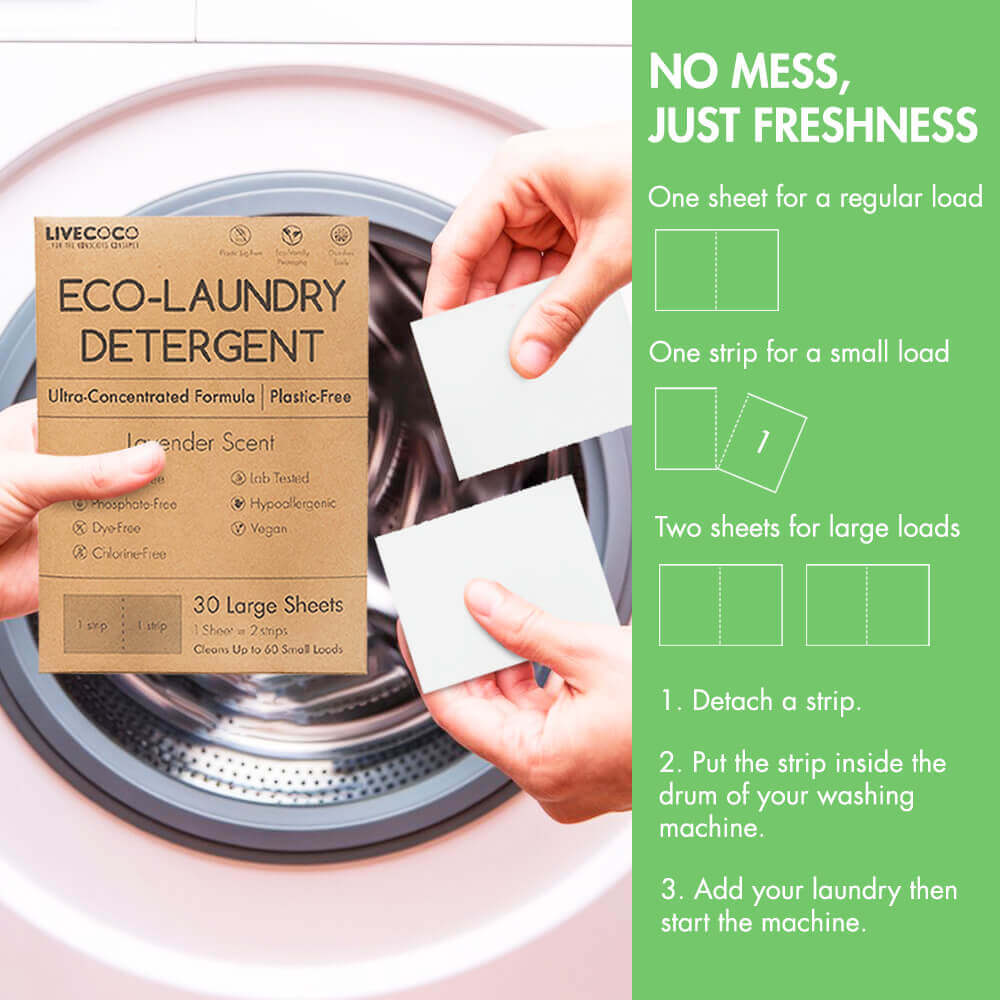 Eco-Laundry Detergent Sheets (60 Loads) packaging next to washing machine, showcasing eco-friendly cleaning solution.