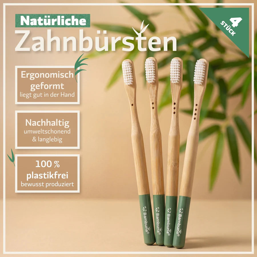 Bambus Zahnbürsten 4er Set – Nachhaltig, plastikfrei & vegan | Bambuna