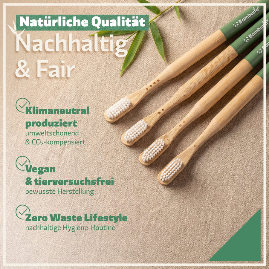 Bambus Zahnbürsten 4er Set – Nachhaltig, plastikfrei & vegan | Bambuna