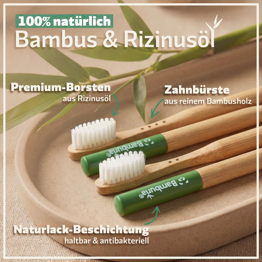 Bambus Zahnbürsten 4er Set – Nachhaltig, plastikfrei & vegan | Bambuna