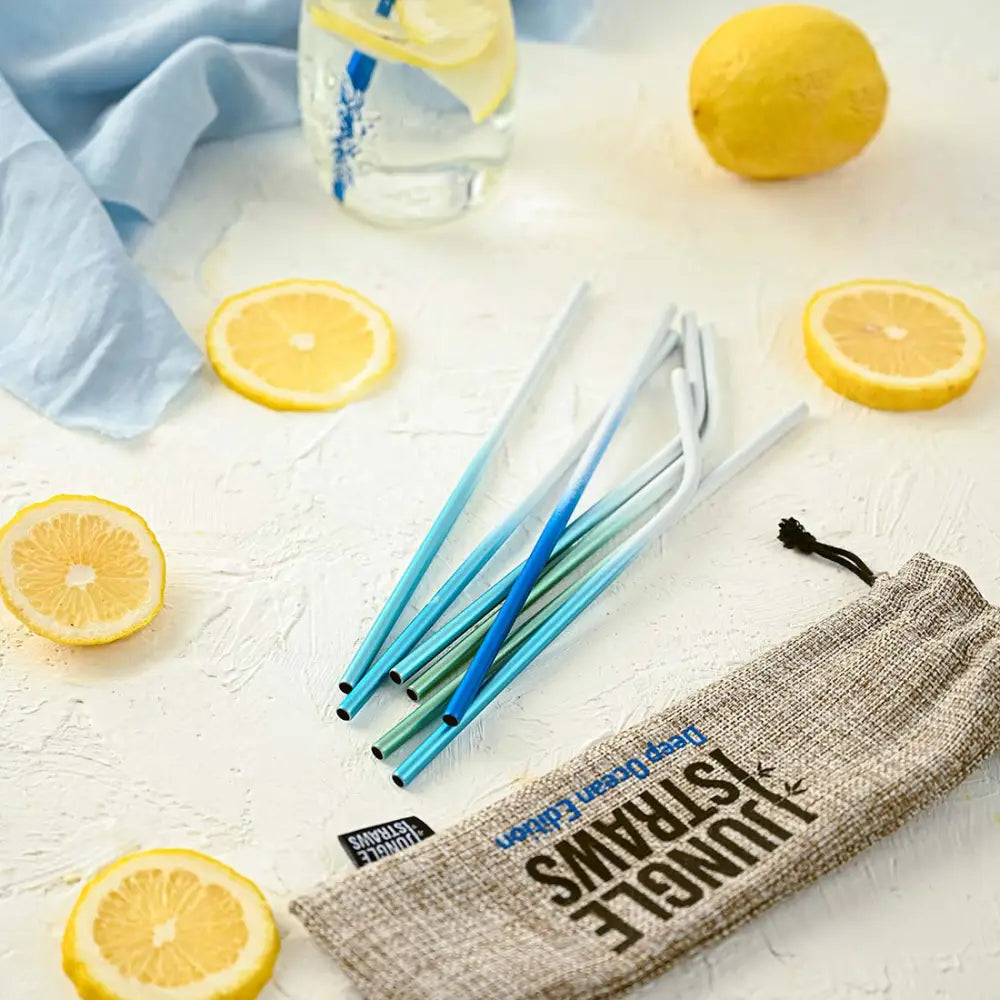 Edelstahl Trinkhalm-Set mit Jute-Etui (8 Stk.) - Deep Ocean Edition - Reusable Straws