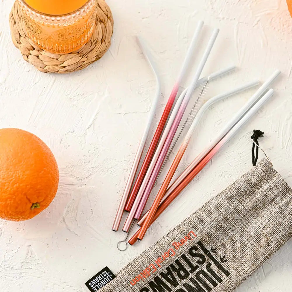 Edelstahl Trinkhalm-Set mit Jute-Etui (8 Stk.) - Living Coral Edition - Reusable Straws