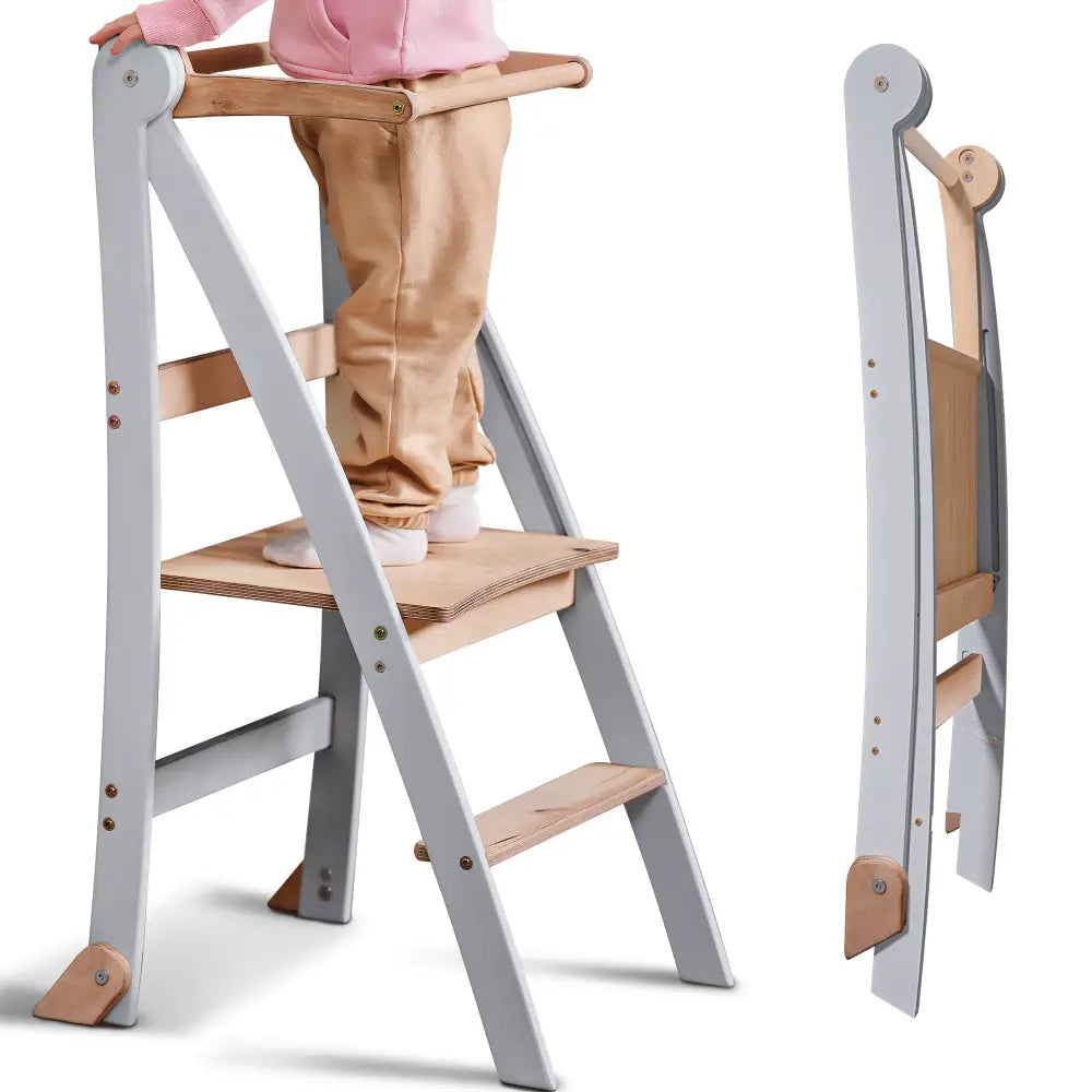 Holz Lernleiter Montessori: Hocker für Kinder - Grau - n/a