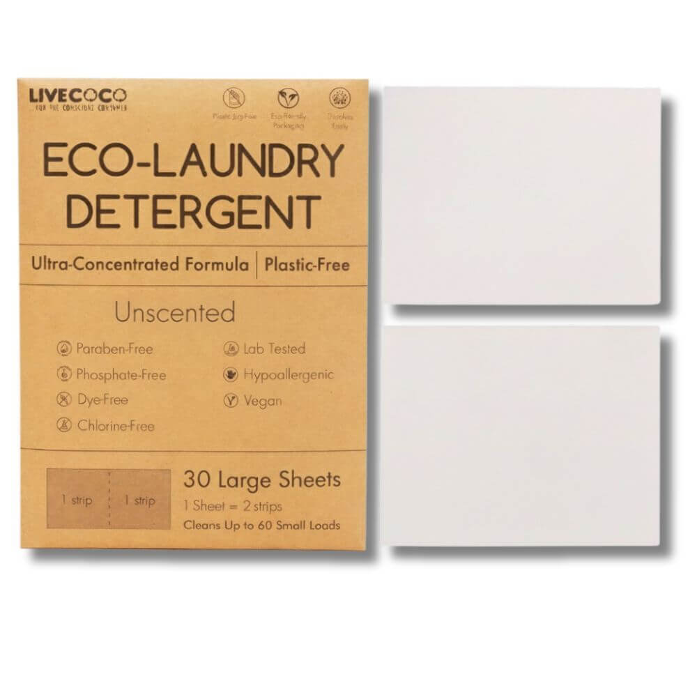 Eco-Laundry Detergent Sheets (60 Loads) package showing ultra-concentrated and plastic-free detergent sheets.