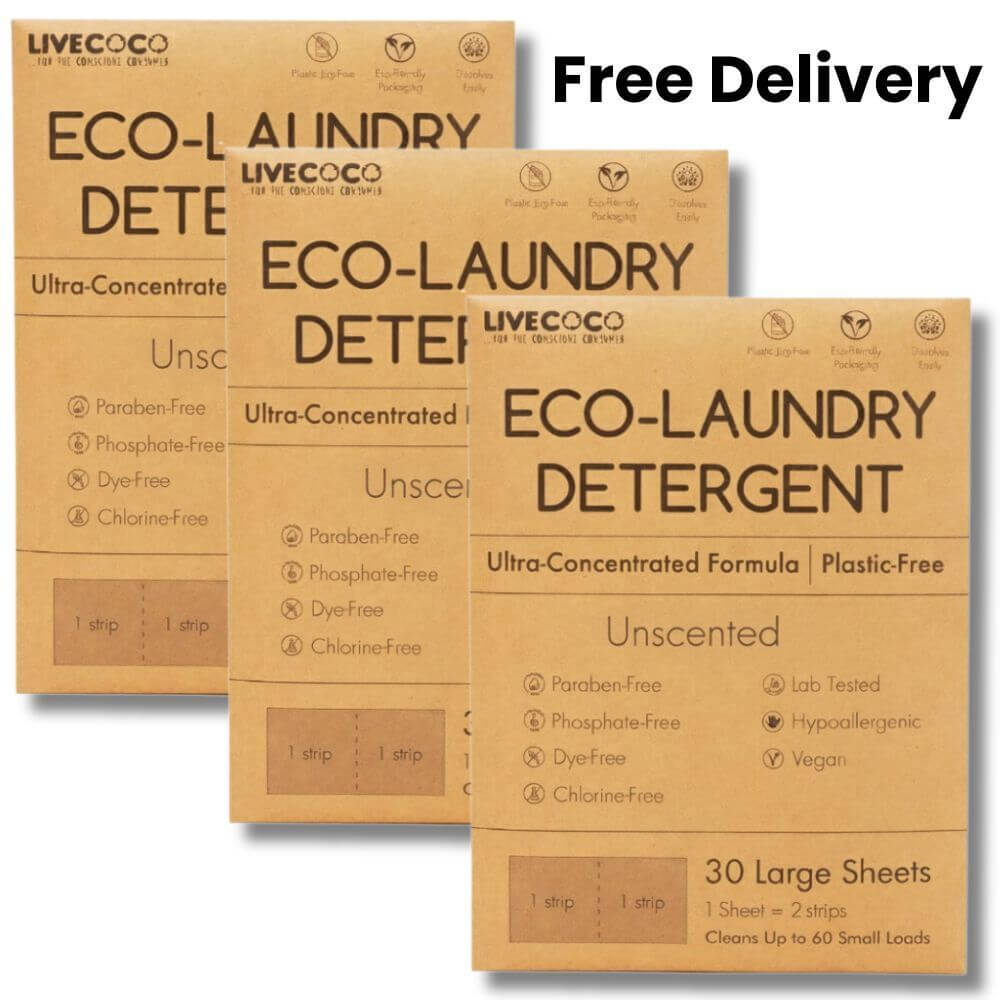 Eco-Laundry Detergent Sheets (60 Loads) packaging featuring plastic-free and hypoallergenic details.