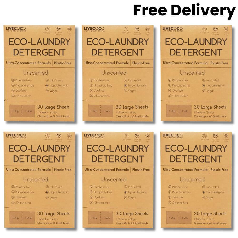 Eco-Laundry Detergent Sheets (60 Loads) packaging featuring plastic-free, unscented formula for eco-friendly laundry.